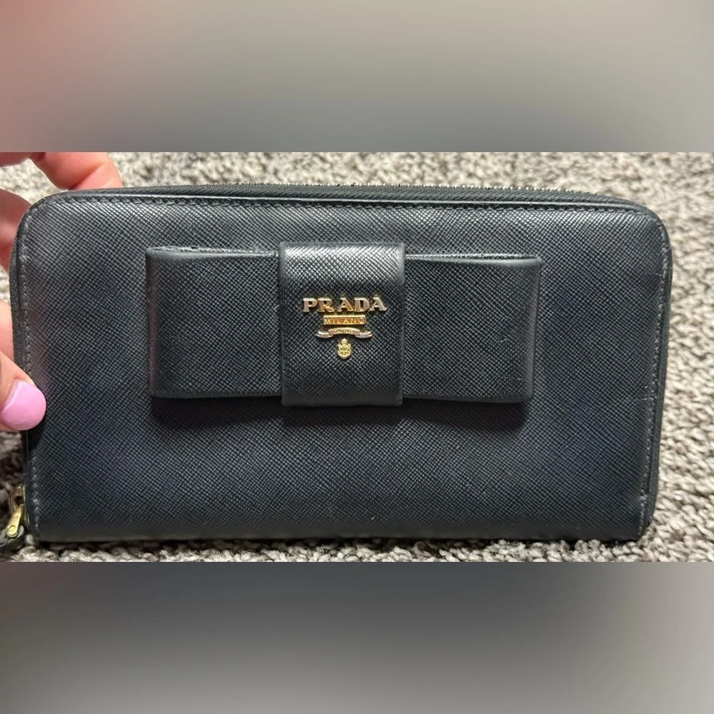Prada Saffiano leather bow zip around wallet